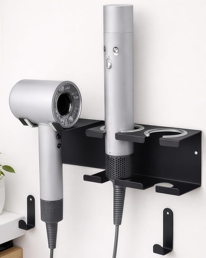 Hair Tool Organizer, Stainless Steel Hair Dryer and Straightener Holder, Curling Iron Holder Wall Mount 3-in-1 Storage for Bathroom, Hair Dryer Holder Black BANJEKT