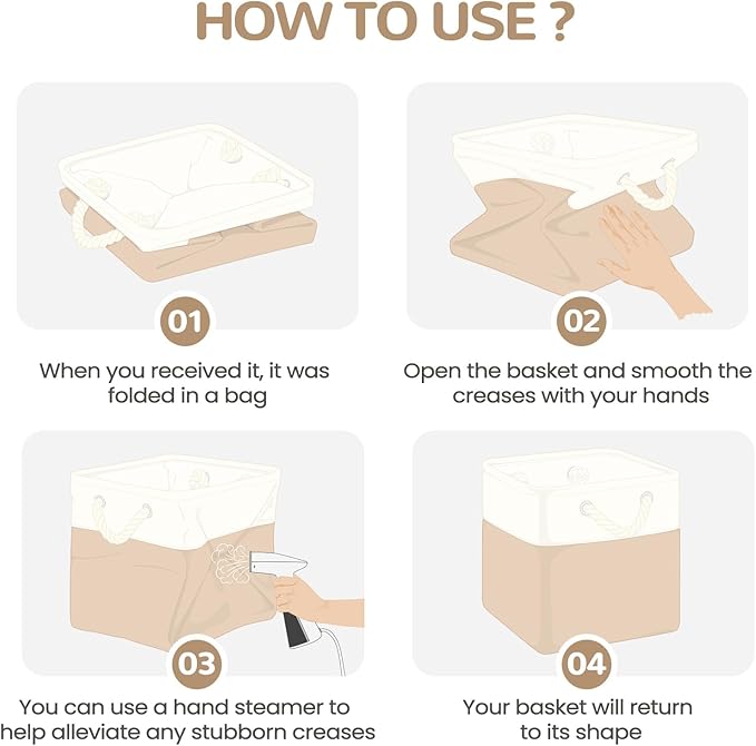 12 x 12 Inch Cube Storage Bins, 4 Pack Fabric Storage Basket with Handles, Foldable Boxes Organizer for Shelf Baskets for Home, Clothes (White/Khaki)