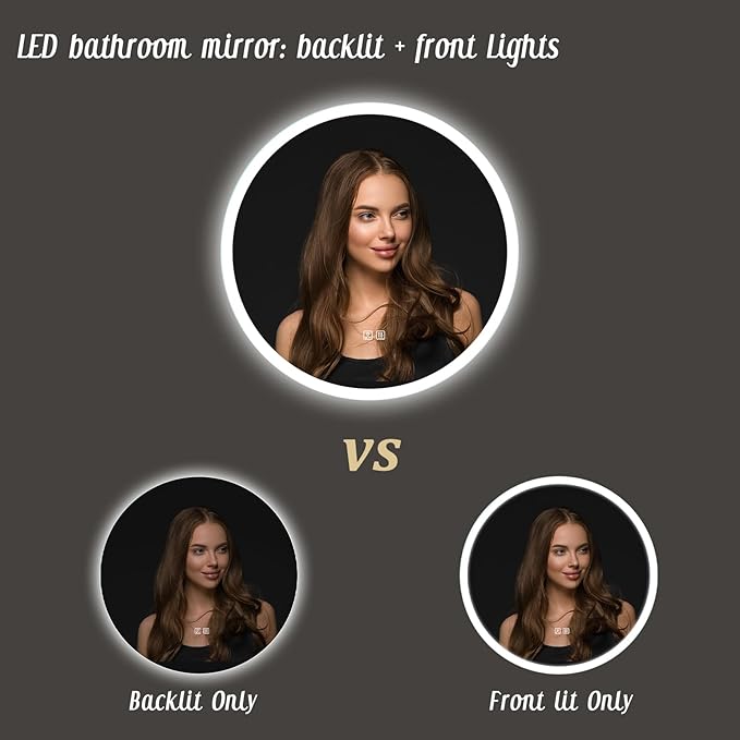 APRILSOUL 28 Inch Round LED Bathroom Vanity Mirror with Front and Backlit, Led Mirror with Anti-Fog, 3 Colors and Dimmable Light
