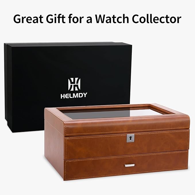 Leather Watch Box with Drawer-10 Slots Locking Jewelry Watches Holder for Men-Luxury Watch Case Display Organizer-2 Tier Organizer Watch Showcase-Storage Case
