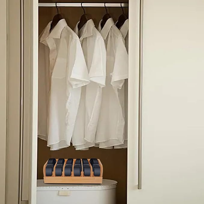 GTI Belt Organizer, 6 Compartments Belt Organizer for Closet and Drawer, Bamboo Display Case for Tie and Belt, Belt Storage Organizer for Men Women (Wooden)