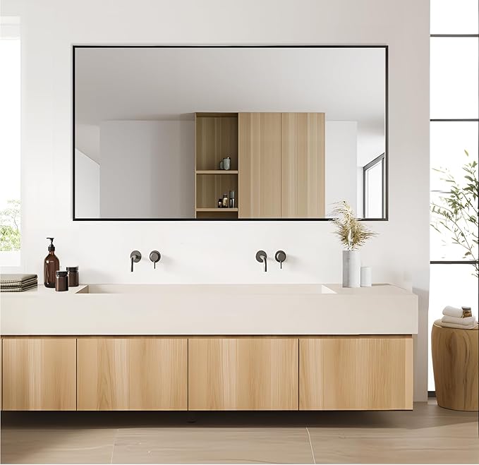 Rectangle Bathroom Mirror 26x48 inch, Large Mirror with Black Frame, Rectangular Vanity Mirror 26" X 48", Modern Matte Wall Mounting Mirrors, Hang Horizontal or Vertical