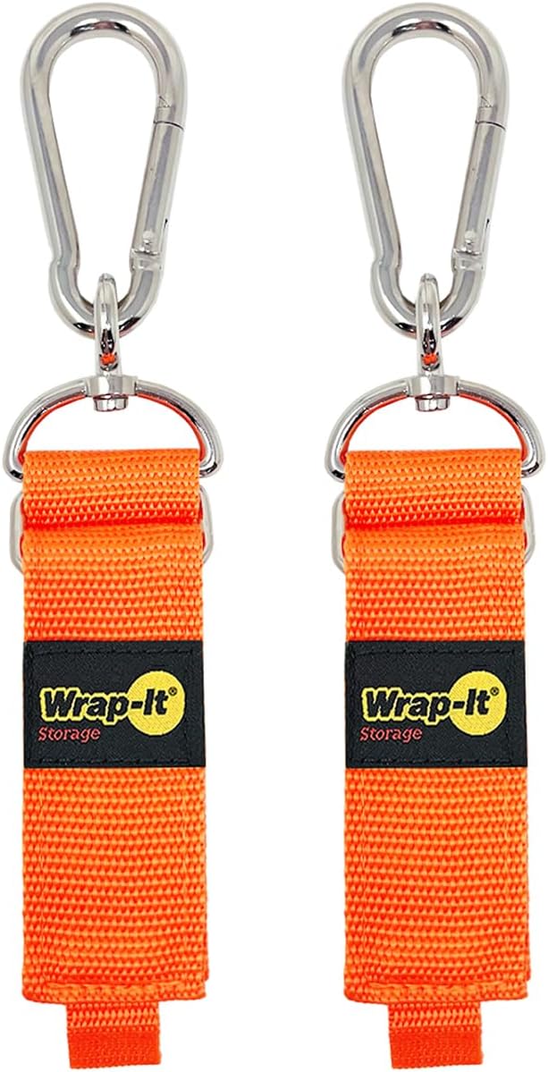 Hook 'n Hang Wrap-It Storage Straps - 12" (2-Pack) Blaze Orange - Carabiner Straps to Use as Extension Cord Holder for Cord Storage or Garden Hose Strap