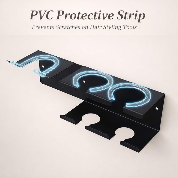 Hair Tool Organizer, Stainless Steel Hair Dryer and Straightener Holder, Curling Iron Holder Wall Mount 3-in-1 Storage for Bathroom, Hair Dryer Holder Black BANJEKT