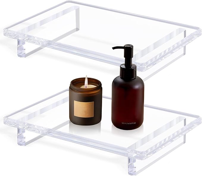 Acrylic Bathroom Counter Tray : 2-Pack Clear Acrylic Sink&Countertop Pedestal Tray Set – Multi-Purpose Waterproof Counter Organizer, Soap Holder & Plant Display Base (Large 9 x 5.9 x 1.5 inches)