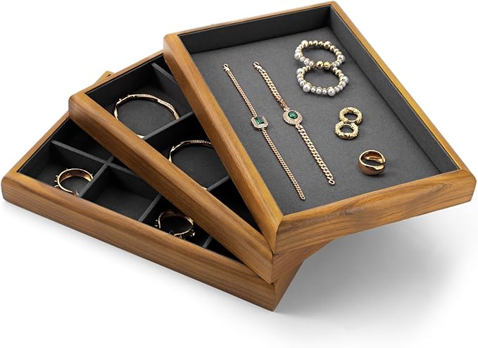 Oirlv Solid Wood 6 Grid Jewelry Organizer Tray Jewelry Drawer Organizer(Grey)
