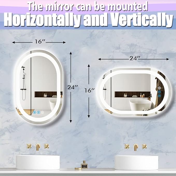 24 x 16 Inch Oval LED Bathroom Mirror with Front Lights Smart Memory 3 Color Adjustable Brightness Anti-Fog 24 Inch Oval Lighted Vanity Mirror for Bathroom Wall Horizontal Vertical Mounted
