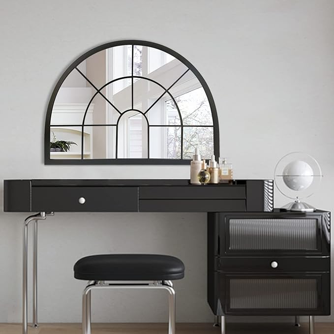 WAMIRRO Black Arched Window Pane Semi-Round Mirror - Farmhouse Mantel Half Circle Mirror for Fireplace, Living Room, Entryway Console Table,Wall Deocr 28"X20"