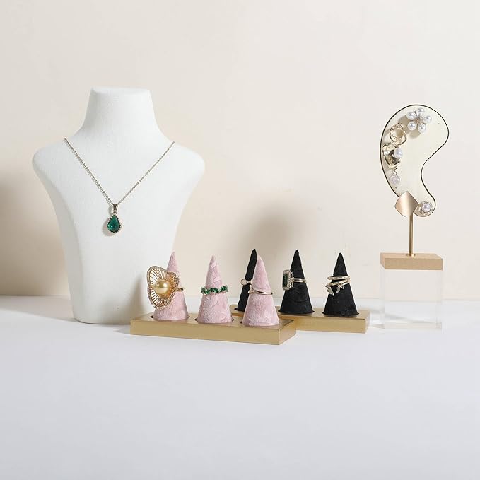 GemeShou pink jewelry ring display holder for selling, velvet ring cone display stand, cute cone shaped ring holder with golden coated base,Small jewelry ring storage organizer【Ring holder-pink】