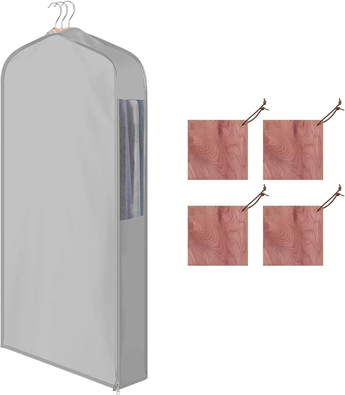 Cotton Garment Bag for Hanging Clothes and Storage with Cedar Blocks for Fresh Smell and Moth Protection Sandpaper for Suit Fur Coat Jacket Sweater(40 x 24 x 6 Inch,Light Gray,1 Set)