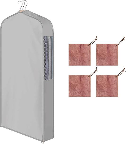 Cotton Garment Bag for Hanging Clothes and Storage with Cedar Blocks for Fresh Smell and Moth Protection Sandpaper for Suit Fur Coat Jacket Sweater(40 x 24 x 6 Inch,Light Gray,1 Set)