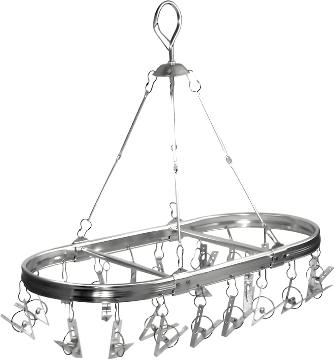 Sock Hanger for Drying with 26 Non-Slip Clips - Aluminum Hanging Drying Rack for Underwear, Baby Clothes & Delicates | Oval Design & Wind-Resistant Hook (Silver)