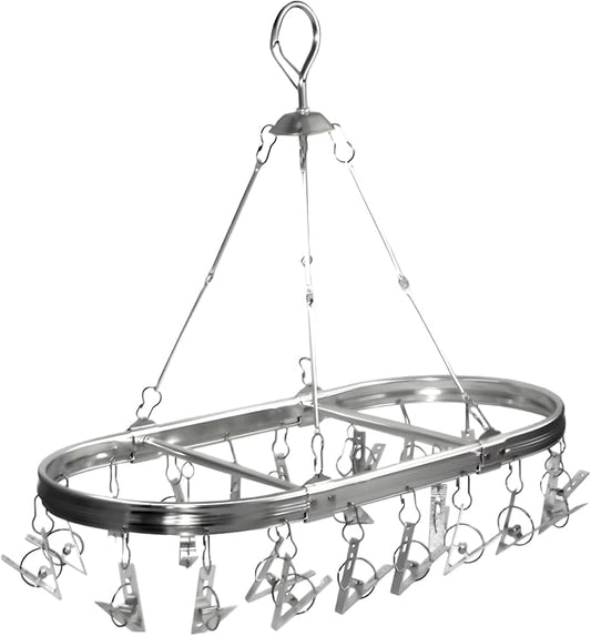 Sock Hanger for Drying with 26 Non-Slip Clips - Aluminum Hanging Drying Rack for Underwear, Baby Clothes & Delicates | Oval Design & Wind-Resistant Hook (Silver)