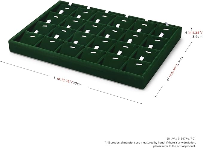 24 Grids Velvet Necklace Tray Necklace Holder Storage Jewelry Display Tray for Drawers With Removable Jewellery Cards for Bracelet Chain Pendant (Green)