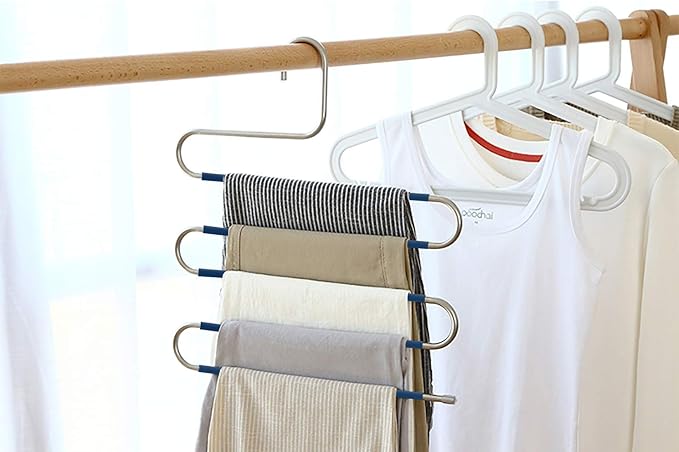 Devesanter Space Saving Non-Slip 6 Pack S-Shape Trousers Hangers - Stainless Steel Closet Storage Organizer for Pants, Jeans & Scarves - Blue