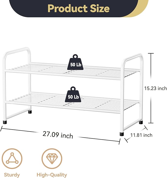 2 Tier Shoe Rack Organizer for Closet, Stackble,White