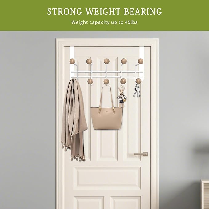 2 Pack Over The Door Hooks(7.1" H) with 10 Wooden Knobs, Over Door Hanger, Heavy Duty No Drill Hanger for Towels, Coats, Hats, Bags in Bathroom, Bedroom, Kitchen, Living Room