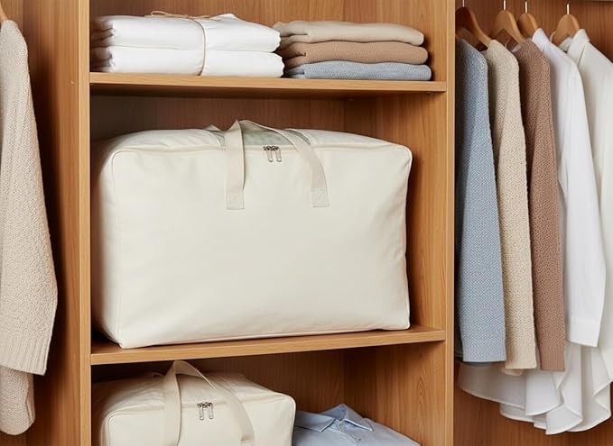 Soft Canvas Clothes Storage Bags with Four Carrying Handles and Clear Window, Closet Organizer for Clothing, Blankets Sheets and Bedding, 55L, 2 Pack, Beige