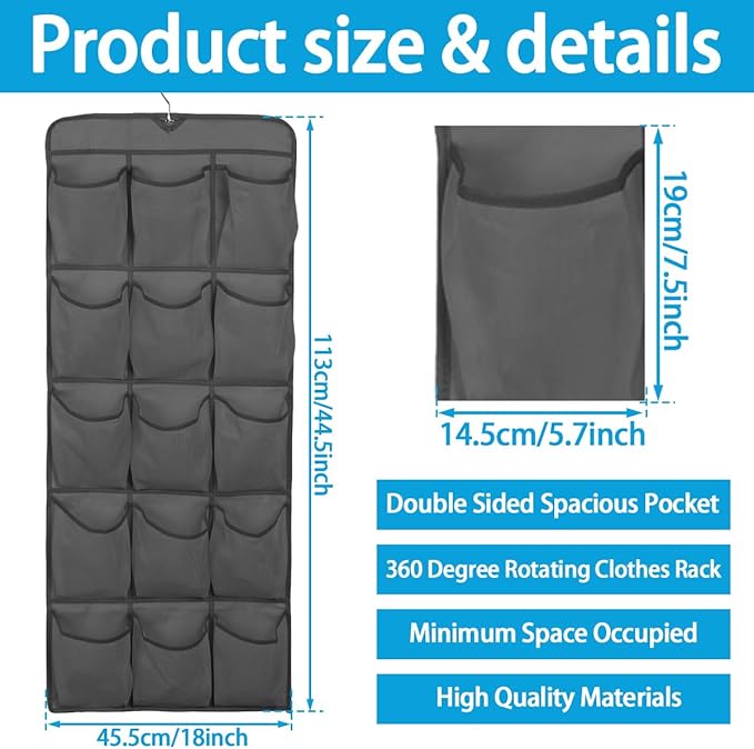 30 Large Pockets Dual Sided Hanging Shoe Organizer Double-Side Closet Storage Shelves with Rotating Hanger Space Saving Storage Bag Portable Shoe Rack Holder for Bedroom Laundry Room,Black