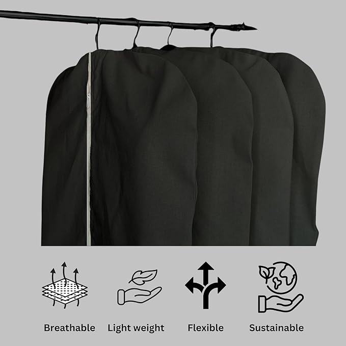 Garment Bag for Hanging Clothes – Organic Cotton Suit & Coat Cover with Zipper | Breathable Closet Organizer for Travel & Storage (Small (24"x35"), Black)