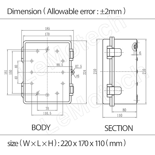LeMotech Electrical Box, IP67 Waterproof Hinged Clear Cover Stainless Steel Latch Junction Box, ABS Plastic Electrical Enclosure with Mounting Plate,Wall Brackets, Cable Glands,8.7"x6.7"x4.3",Grey