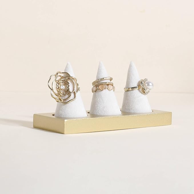 GemeShou Jewelry ring display holder for selling, velvet ring cone display stand, cute cone shaped ring holder with golden coated base,Medium jewelry ring storage organizer【Ring holder-white 3 cone】