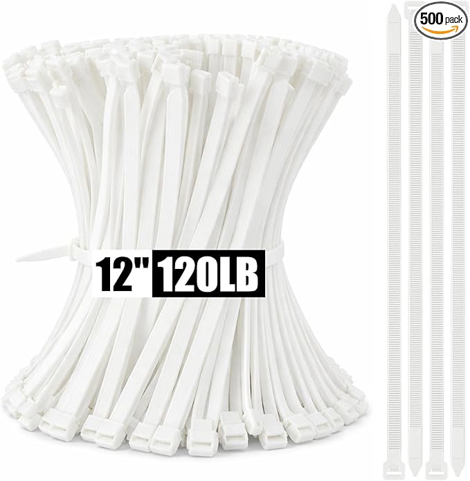 500 Pcs 12 Inch Zip Ties Heavy Duty 120 Lbs Tensile Strength White Nylon Wire Cable Ties Bulk for Indoor Outdoor
