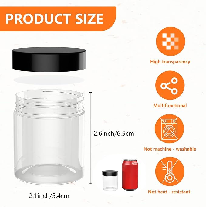 ihomecooker 84PCS 4oz/125ml Small Plastic Jars with Screw On Black Lids Seal Stickers Bottle Lid,Clear Container for Storing Dry Food,Spice,Lotion, Cosmetic, Slime, Honey Jam, Cream, Butter