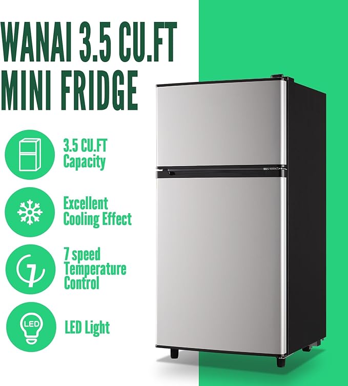 WANAI Mini Fridge with Freezer, 3.5 cubic feet 2- Doors Small Refrigerator Features 7 Gear Mechanical Control, Side Bottle Rack, Ideal for Dorm, Kitchen, Apartment, Office, Silver