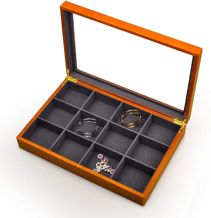 Oirlv 12 Grids Vintage Solid Wood Jewelry Box Microfiber Lining Earrings Bracelets Necklace Storage Jewelry Drawer Organizer Tray with Lid