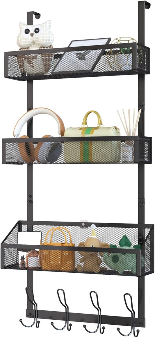 Over The Door Hook Organizer with 12 Hooks & 3 Mesh Baskets – Space-Saving Towel Rack & Storage Hanger for Bathroom, Kitchen, Bedroom, No Drill Door Hooks, Black