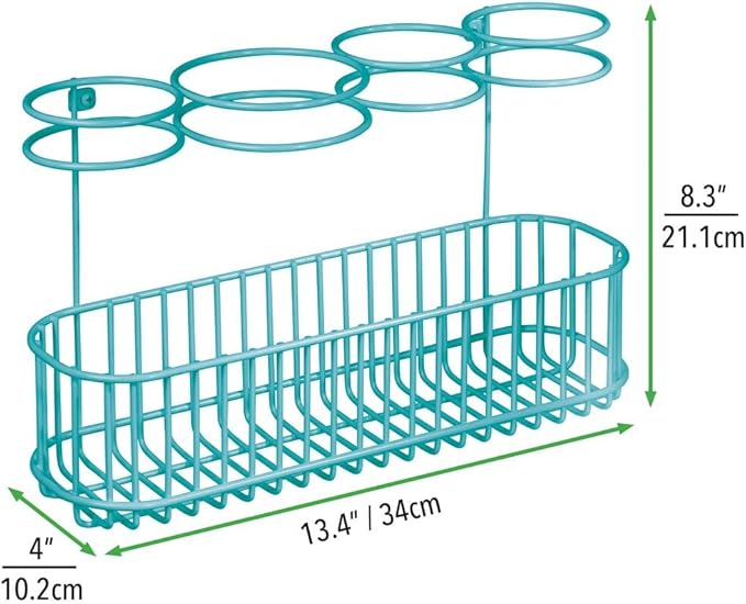 mDesign Metal Wire Cabinet/Wall Mount Hair Care & Styling Tool Organizer - Bathroom Storage Basket for Hair Dryer, Flat Iron, Curling Wand, Hair Straightener, Brushes - Holds Hot Tools - Teal/Blue