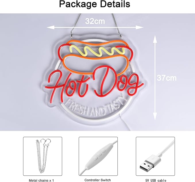 Hot Dog Neon Sign for Wall Decor LED Light up Sign Business Signage for Home Kitchen Restaurant Bar Cafe Fast Food Shop Gift 14.6" x 12.6" Led Art Wall Hanging Decorative Lights
