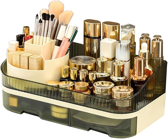 Makeup Organizer with Dual Drawers - Large Capacity Countertop Cosmetic Storage for Skincare Vanity Bathroom