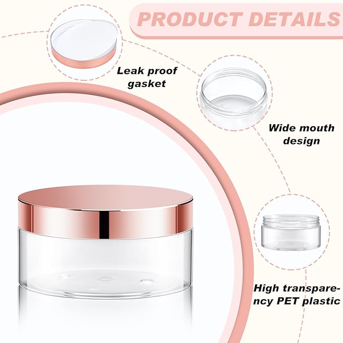 Dandat 24 Pcs 4 oz Plastic Jar Container with Lid and Label Refillable Empty Round Clear with Rose Gold Pet Cosmetic Sample Slime Containers for Lotion, Cream, Ointments, Body Butter, Travel Storage