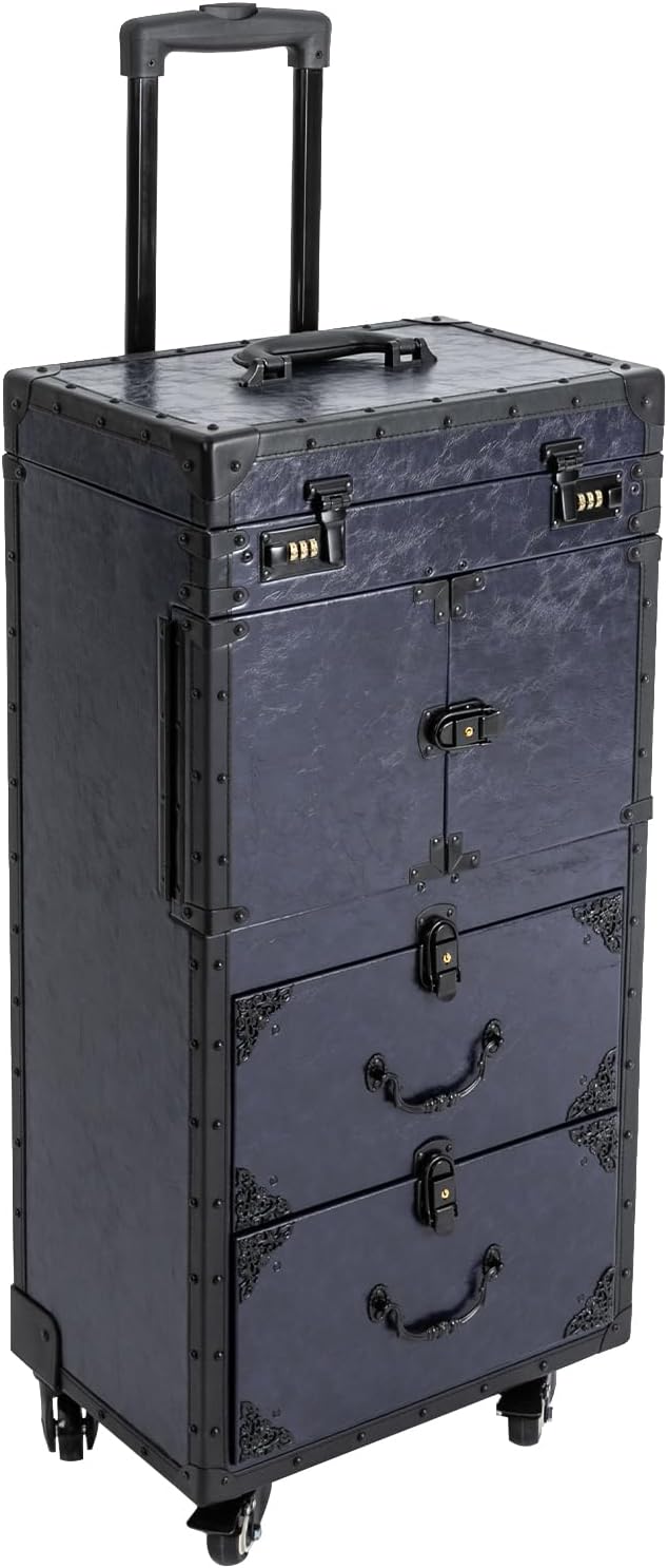 Rolling Lockable Makeup Train Case,Large Cosmetic Organizer Train Case Makeup Travel Case with 360° Swivel Wheels, Trolley Makeup Travel Organizer,Black