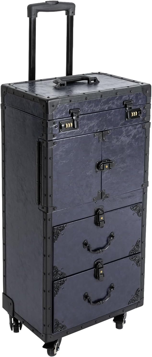 Rolling Lockable Makeup Train Case,Large Cosmetic Organizer Train Case Makeup Travel Case with 360° Swivel Wheels, Trolley Makeup Travel Organizer,Black