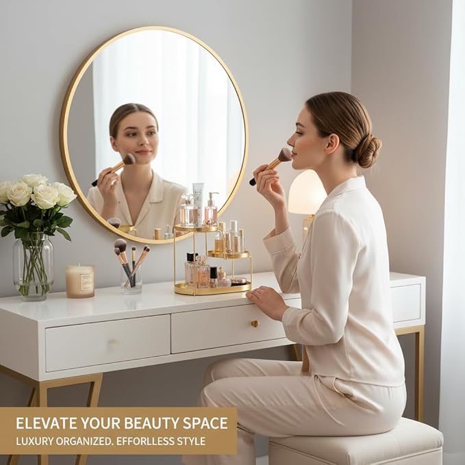 Makeup Organizer Countertop, 3 Tiers Skincare Organizer with Gold Finish, Durable Metal Storage for Bathroom or Bedroom Vanity, Tall Spacious Design for Large Bottles