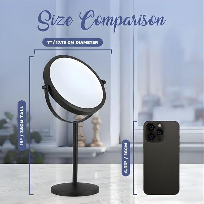 MIRRORVANA 10X Magnifying Makeup Mirror on Round Stand for Tabletop, Bedroom Vanity Desk and Bathroom Counter - Free Standing Double Sided 10X/1X Magnification Mirror - 7" Wide and 14" Tall (Black)