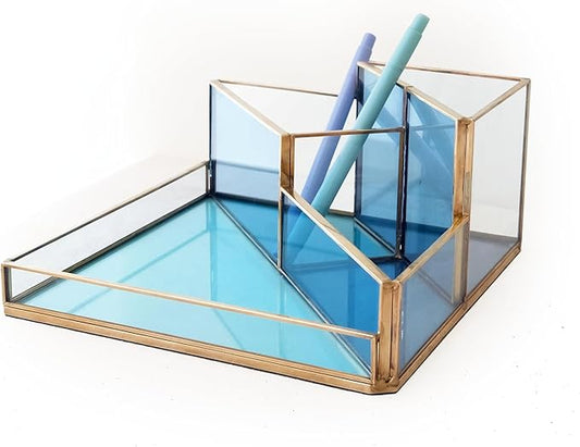 Gold & Blue Glass Desk Organizer - Elegant Office Decor, Aesthetic Makeup Brush Holder & Skincare Organizer, 4-Compartment Pen Holder, Pencil Cup, Vanity & Cosmetic Storage, Desk Accessories for Women