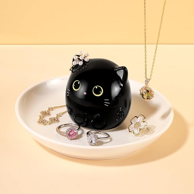 PUDDING CABIN Cat Lover Gifts for Women, Black Cat Ring Holder Dish for Jewelry Rings Earrings Necklace Watch Keys, Birthday Christmas Engagement Wedding Gifts