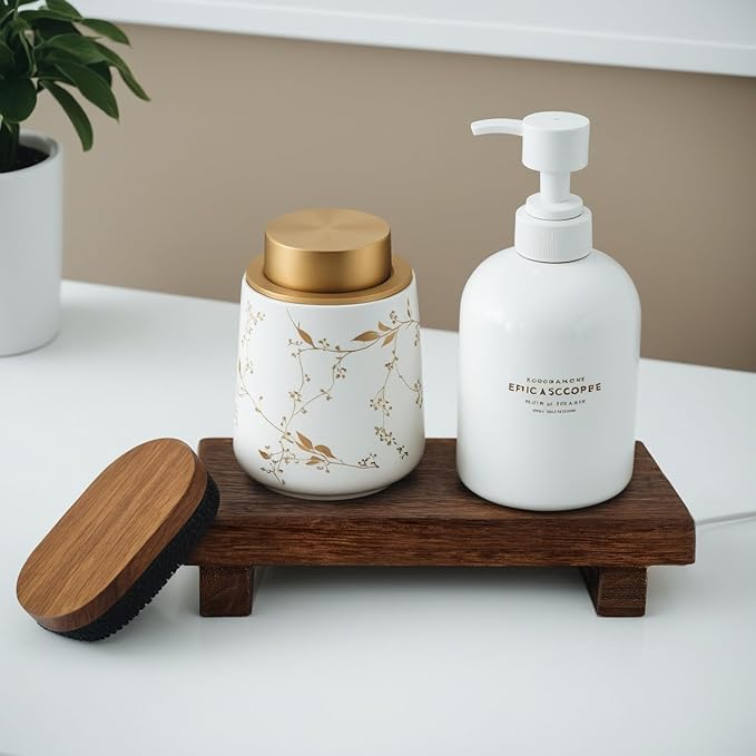 (9x6 Inch,Brown) Wood Riser Soap Tray, Rustic Wood Pedestal Stand Tray Farmhouse Kitchen Counter Decor Bathroom Soap Dish Holder for Sink,Vanity,Plant,Bottles, Candles Display