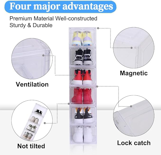 Large Clear Shoe Storage Boxes 12 Pack Stackable, Drop Front Magnetic Door Shoe Organizer with Plastic Sneaker Display Case Containers Transparent Shoe Rack for Closet Organization Fit US Size 12