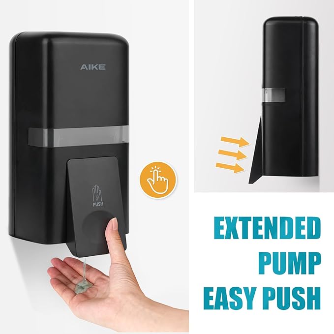 AIKE Wall Mount Liquid Soap Dispenser, 27oz Large Capacity with Extended Pump for Commercial Bathrooms,AK1008(Black)