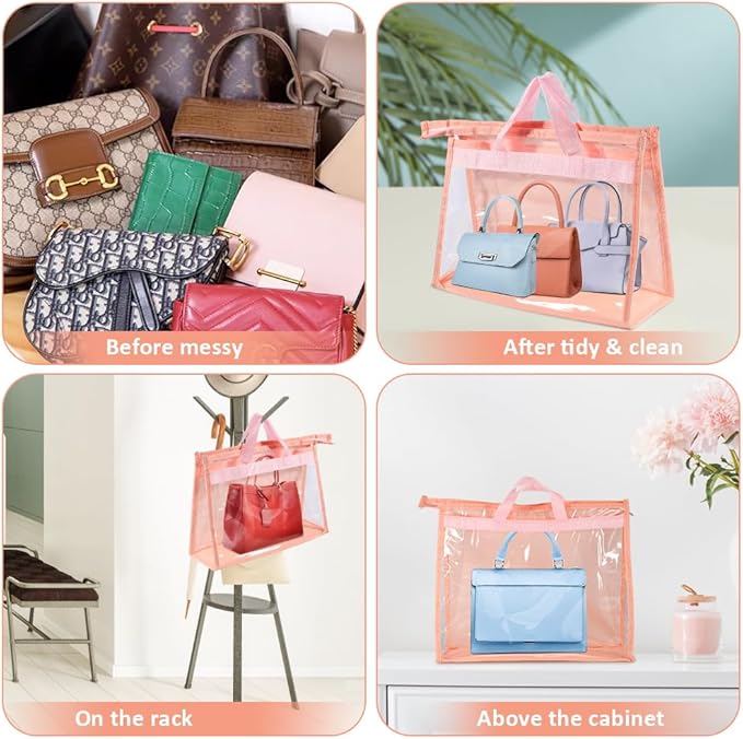 15 PCS Dust Bags for Handbags,Purse Protector Storage Bag,Purse Cover Hanging Closet Organizer with Zipper Handle,Clear Handbag Storage Organizer for Closet,3 Assorted Sizes(Pink)