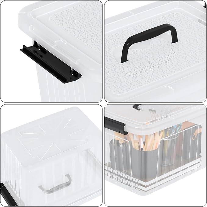 12 L Clear Lidded Storage Box, Plastic Latching Bin with Handle, 4 Pack