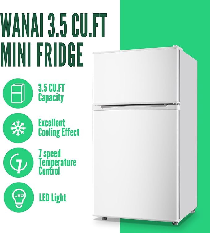 WANAI Mini Fridge with Freezer, 3.5 CU.FT Small Refrigerator with 2 Door & 7 Gear Mechanical Control & Side Bottle Rack, LED Light, Ideal for Dorm, Kitchen, Apartment, Office, White