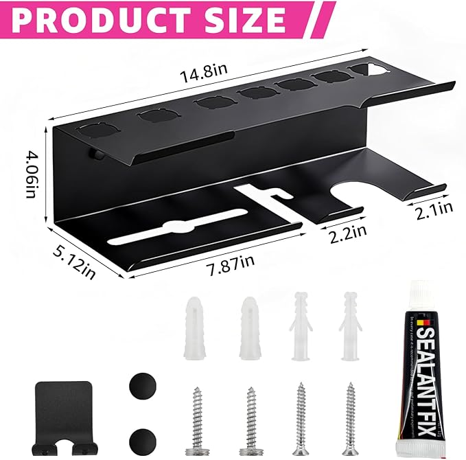 Storage Holder Compatible with Dyson Airwrap Styler Accessories, 7-Slot Hair Dryer Holder Wall Mount, No Drill Metal Organizer for Blow Dryer & Curling Iron (Black)
