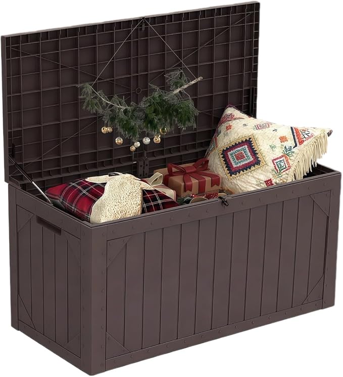 110 Gallon Resin Deck Box Waterproof Outdoor Storage Box for Patio Furniture Pool Accessories Indoor Storage for Cushion Garden Tools, Brown