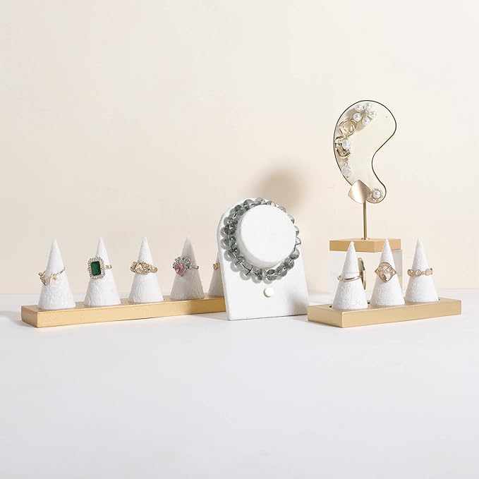 GemeShou Jewelry ring display holder for selling, velvet ring cone display stand, cute cone shaped ring holder with golden coated base,Medium jewelry ring storage organizer【Ring holder-white 3 cone】